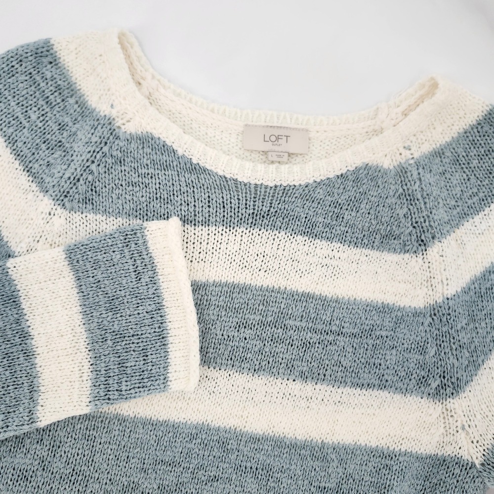 Seafoam Stripe Coastal Beach Open Knit Sweater Size L Hamptons Resort Nautical